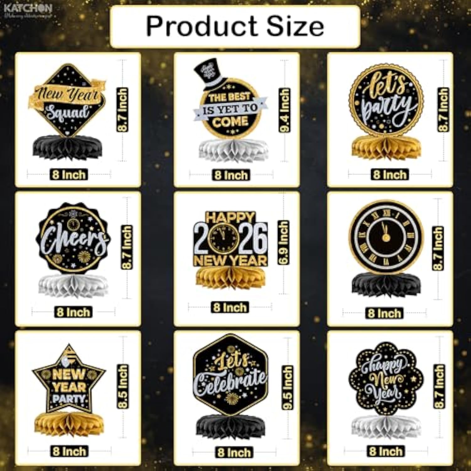 9 Pcs Black Gold New Year 2026 Table Centerpieces Party Supplies