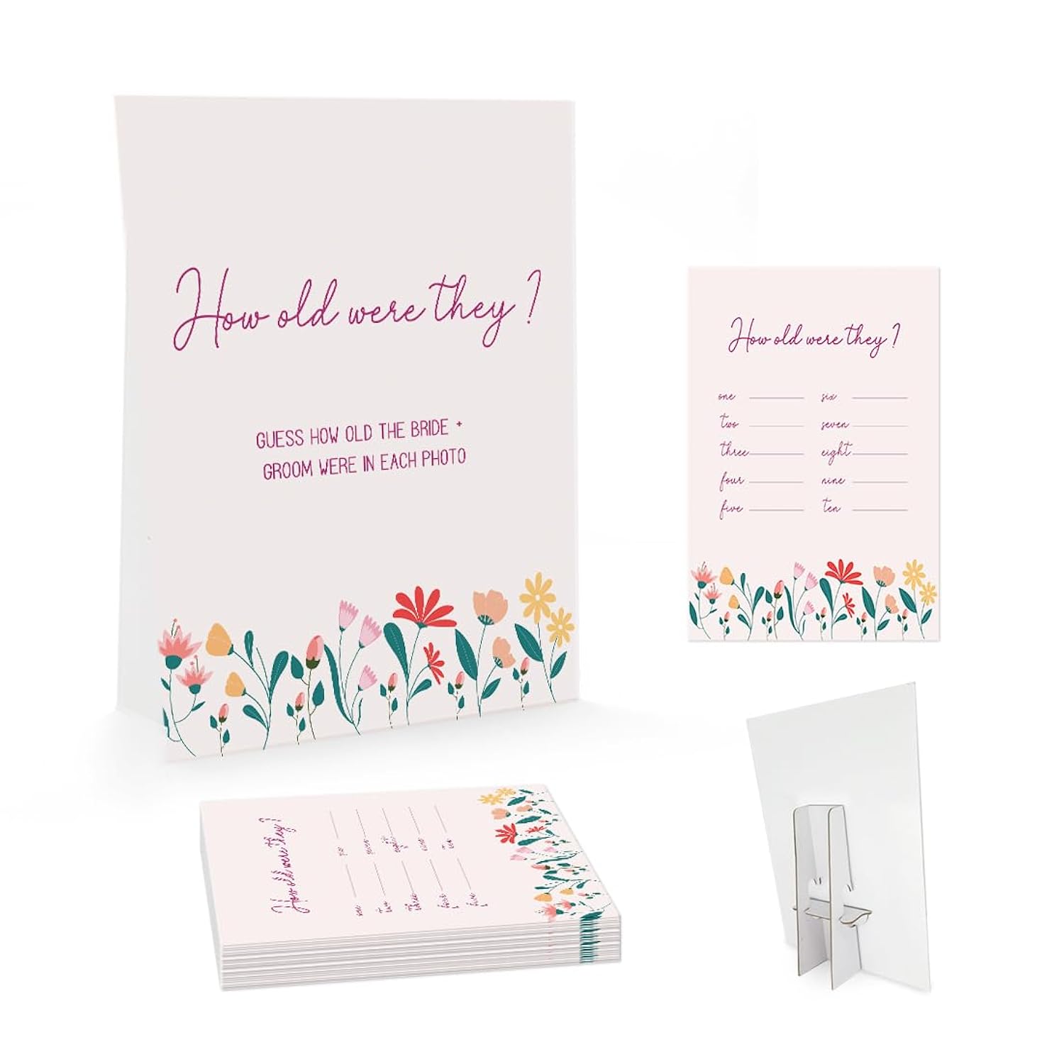 Floral Spring How Old Were The Bride And Groom Game, Guessing The Age Photo Game, Love In Bloom Bridal Shower Wedding Shower Games (1 Sign And 30 Cards)-Bng23