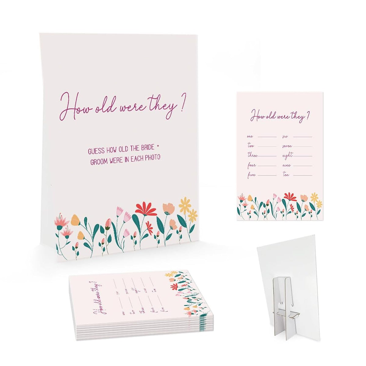 Floral Spring How Old Were The Bride And Groom Game, Guessing The Age Photo Game, Love In Bloom Bridal Shower Wedding Shower Games (1 Sign And 30 Cards)-Bng23
