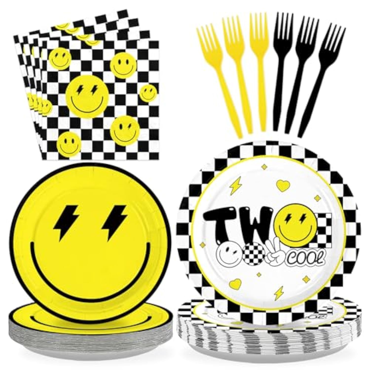 96 Pcs Two Cool Dude Birthday Party Decorations 350 Gsm 2Nd Birthday Party Supplies Tableware Set For Two Year Old Happy Dude Yellow Black Lightening Checkered Party Baby Shower Decor Serves 24 Guests