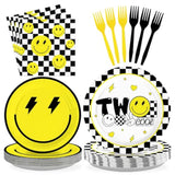 96 Pcs Two Cool Dude Birthday Party Decorations 350 Gsm 2Nd Birthday Party Supplies Tableware Set For Two Year Old Happy Dude Yellow Black Lightening Checkered Party Baby Shower Decor Serves 24 Guests