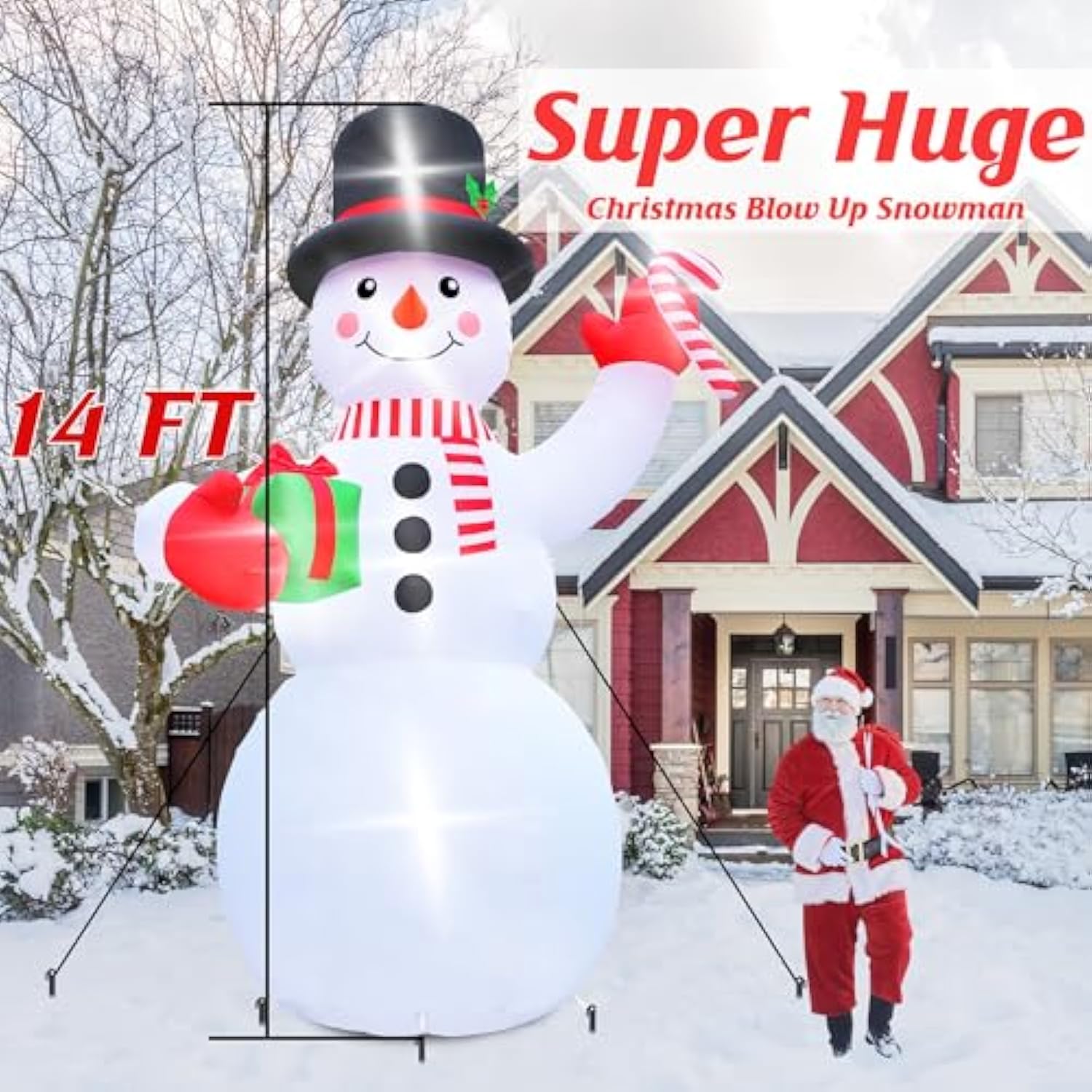 Christmas Inflatables, 14Ft Snowman With Present Box And Candy Cane, Lighted Christmas Snowman Blow Up Decorations, Chri