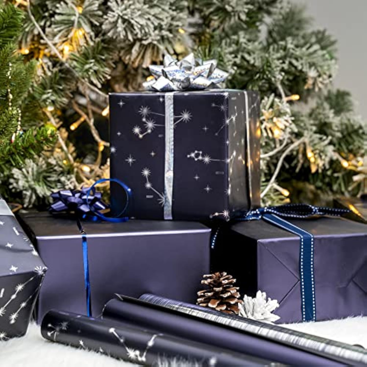 30 Inch Navy Blue Wrapping Paper Roll - Jumbo Roll Navy And Silver Constellation Wrapping Paper For Men, Birthday, Holiday, Father'S Day, Baby Shower - 3 Rolls - 30 Inch X 120 Inch Per Roll