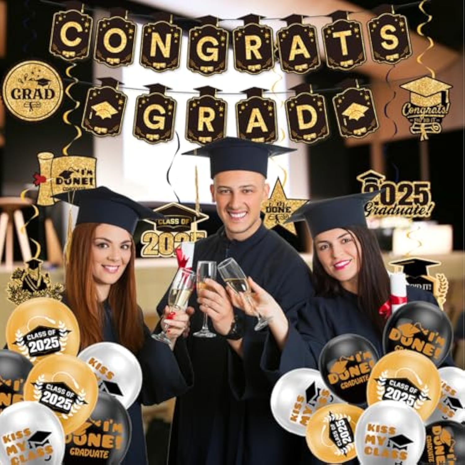 2025 Graduation Decorations Black "Class of 2025" Banner, Balloons & Swirls