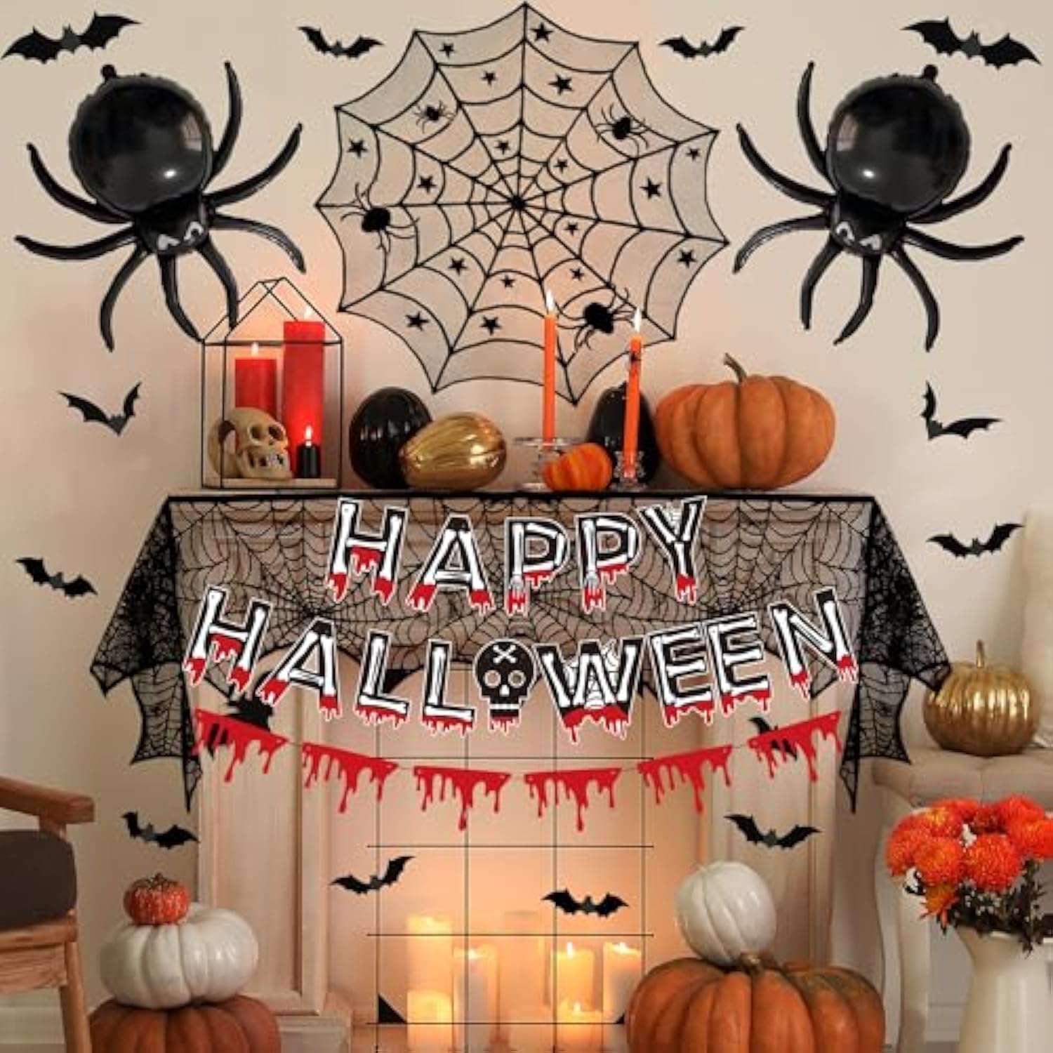 Halloween Fireplace Decorations Red Blood Drip Banner Spider Balloons Bat Stickers