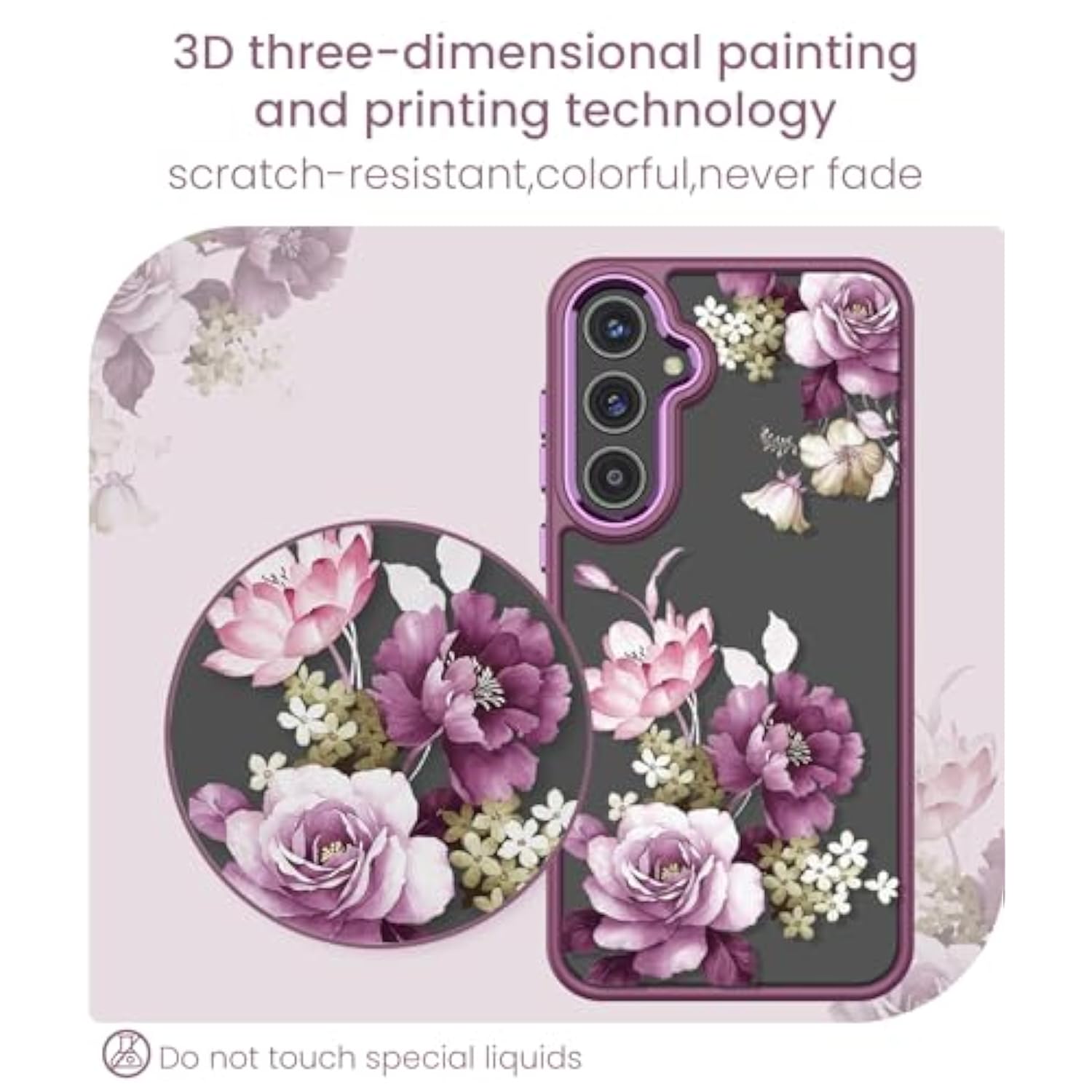 For Samsung Galaxy A35 5G Case+Tempered Glass Screen Protector, Grade Protective Slim Soft Tpu & Hard Pc,Girls Women Crystal Clear Flower Pattern Case Cover For A35 5G-Purple