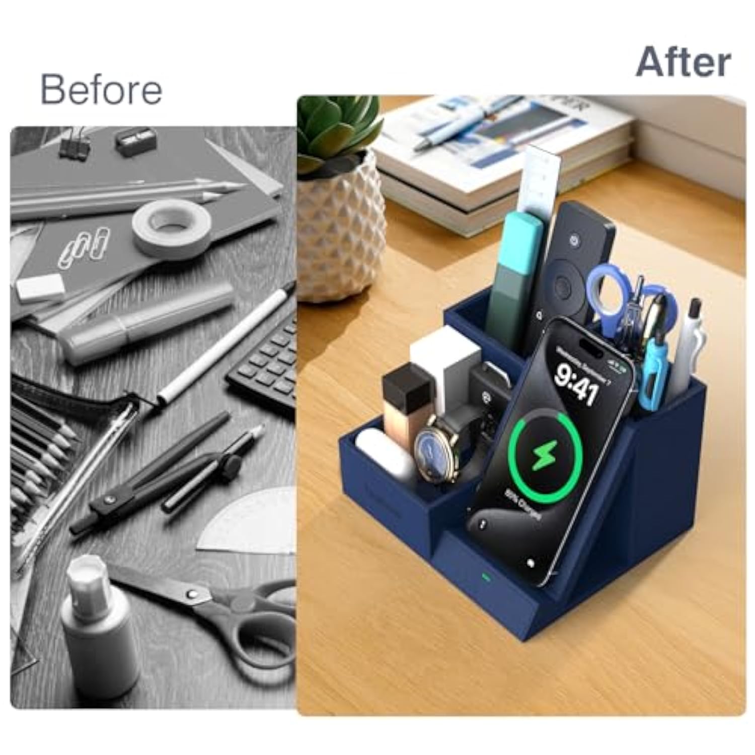 Wireless Charger With Desk Nightstand Organizer, Leather Pen Pencil Holder Bedside Fast Charging Station, For Iphone Charging Stand Office Supplies Desk Accessories, Gifts For Men(Blue)