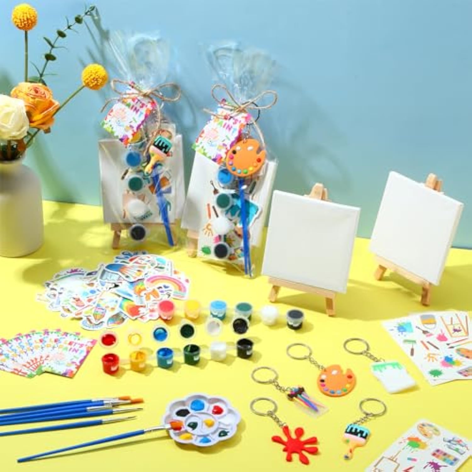 158 Pcs Paint Party Favors Include Mini Watercolor Paint Set Small Canvas With Easel Palette Brush Stickers Tattoo Sticker Keychain For Class Birthday Art Party (Classic Style)