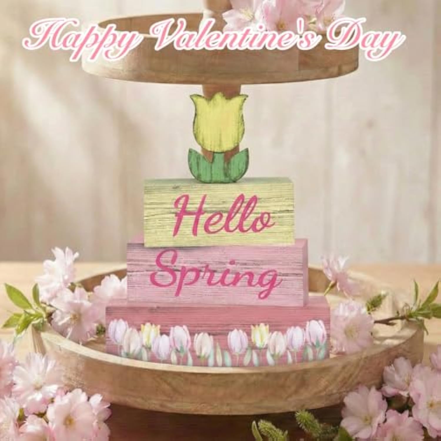 4 Pcs Hello Spring Sign Rustic Spring Centerpiece Tulip Decor Tiered Tray Decor Decorations For Home Office Table Mini Springtime Art Desk Accessories Gifts For Women