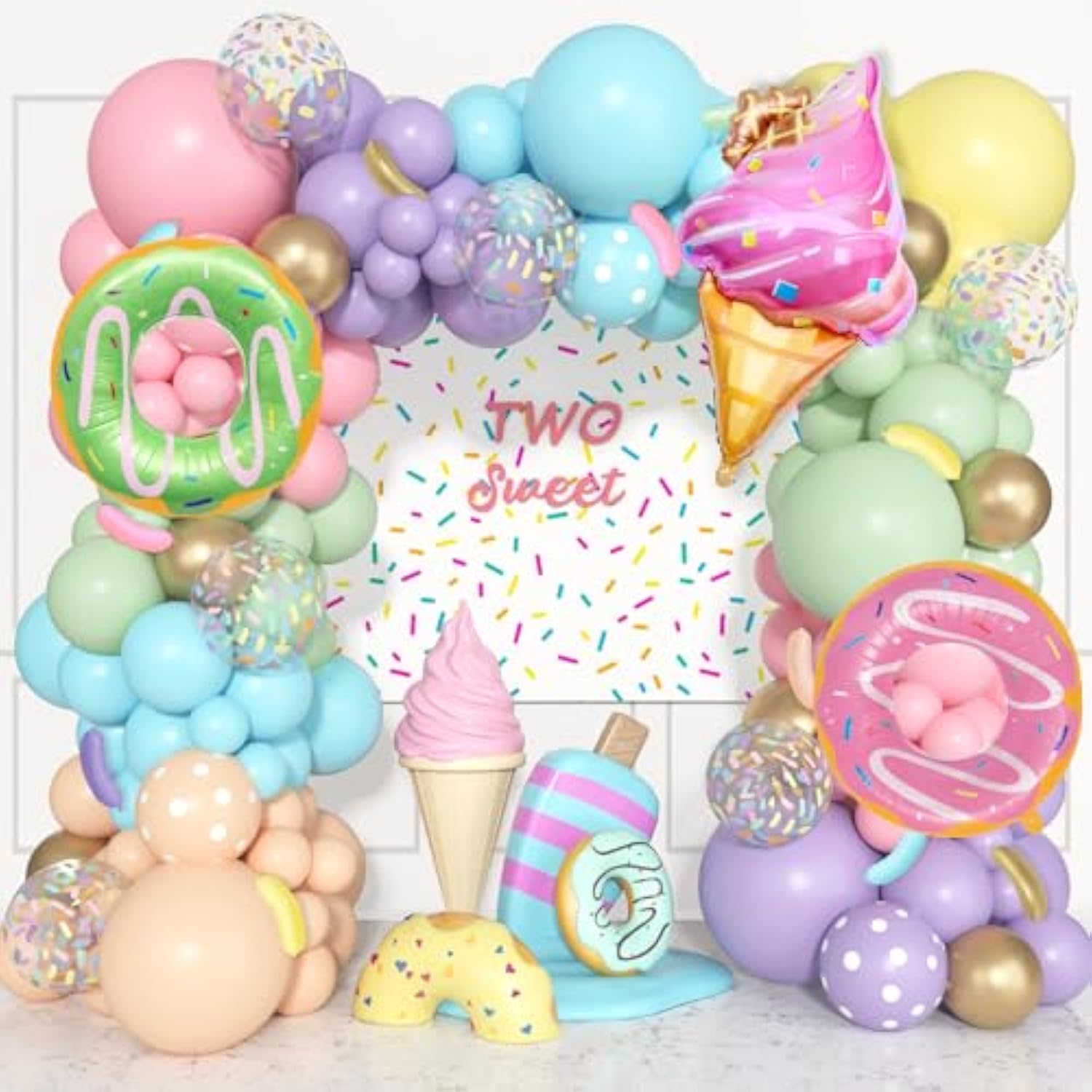 Pastel Donut Balloon Arch Garland Kit, 162Pcs Donut Two Sweet One Birthday Party Supplies Girl Pastel Sprinkle Confetti Candy Ice Cream Foil Balloons For First Birthday Party Baby Shower Decorations