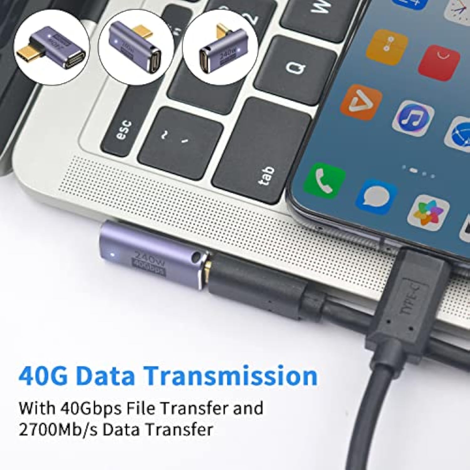 Usb C 90 Degree Adapter 240W, Usb C Right Angle Adapter 40Gbps, 90 Degree Usb