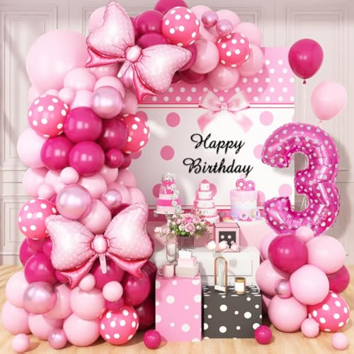 Pink 3Rd Birthday Balloons Decorations, Hot Pink Rose Polka Dots Balloon Arch Kit, Huge Bow Foil Balloons, Pink Number 3 Balloon Tower For Baby Shower Girls Princess 3Rd Theme Party