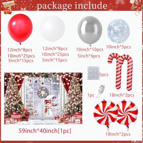 Christmas Balloon Garland Arch Kit with Christmas Backdrop - Red White Silver Snow Latex Balloons and Candy Cane foil Balloons for New Year Merry Xmas Birthday Party Decorations