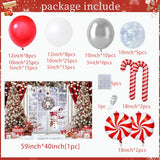 Christmas Balloon Garland Arch Kit with Christmas Backdrop - Red White Silver Snow Latex Balloons and Candy Cane foil Balloons for New Year Merry Xmas Birthday Party Decorations