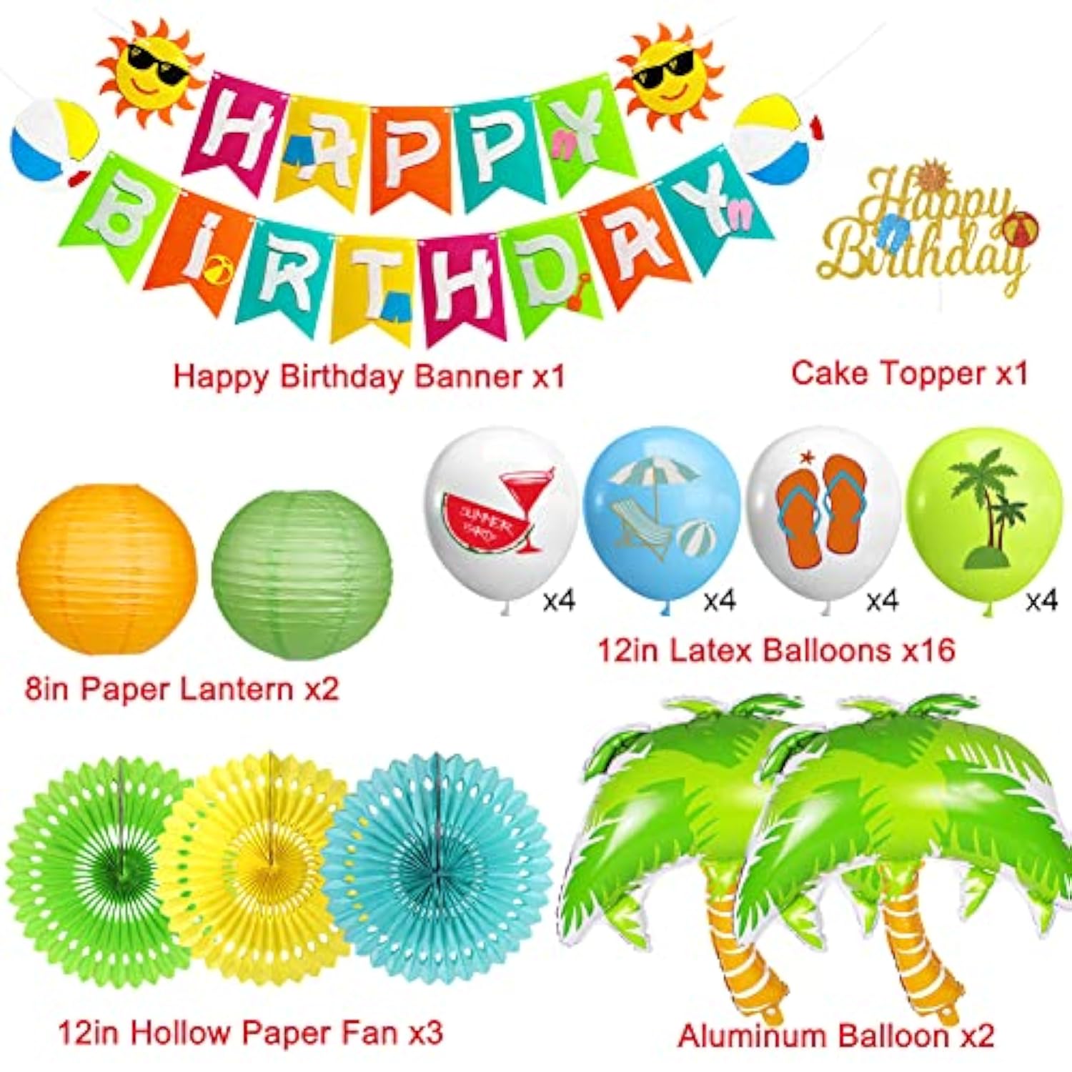 Beach Luau Party Decorations Set with Happy Birthday Banner, Lanterns & Balloons