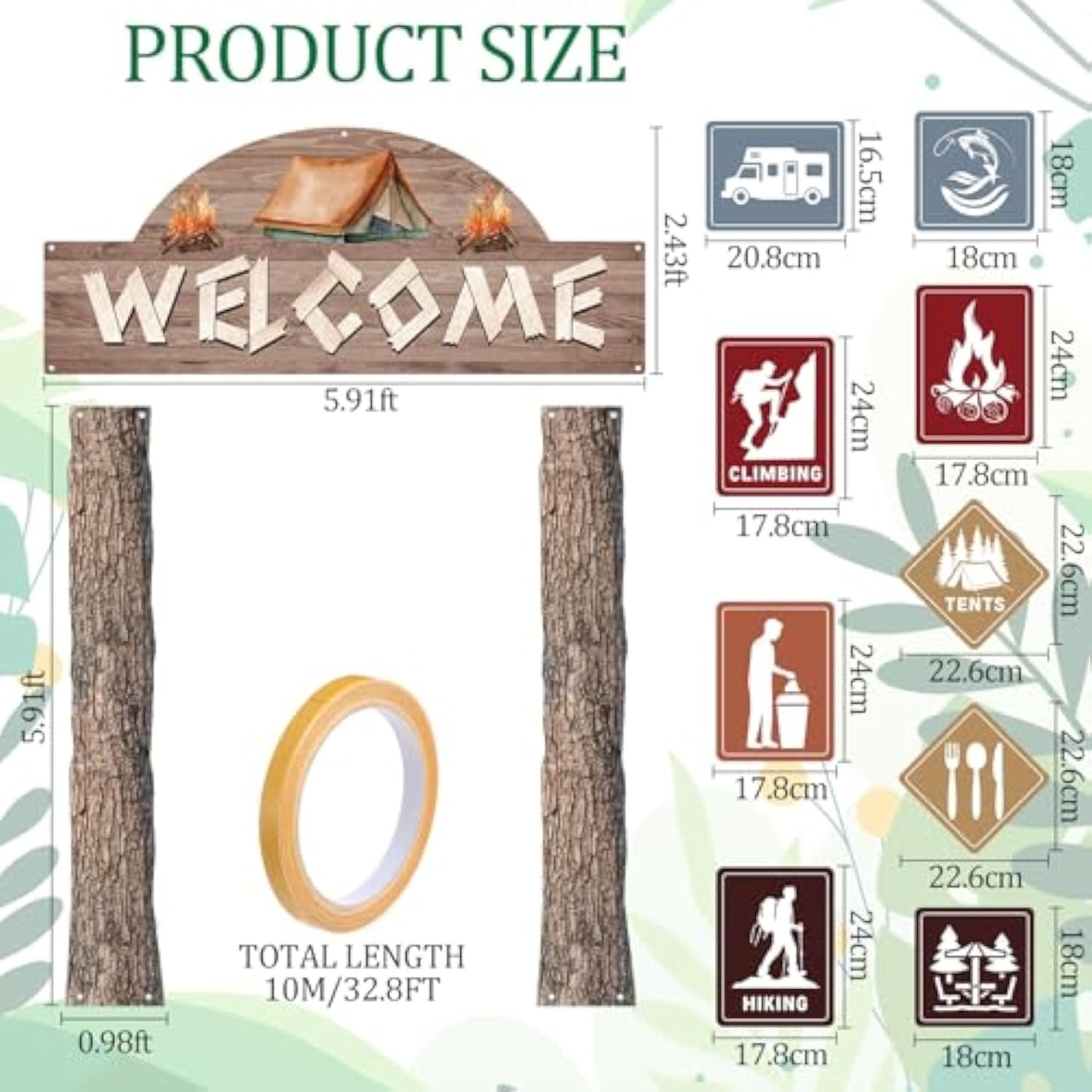 12 Pcs Camping Themed Party Decorations Welcome Banner With 9 Pcs Porch Laminated Sign 1 Double Sided Tape For Summer Camp Birthday Hawaii Themed Party Activity Decor Door Natural Style