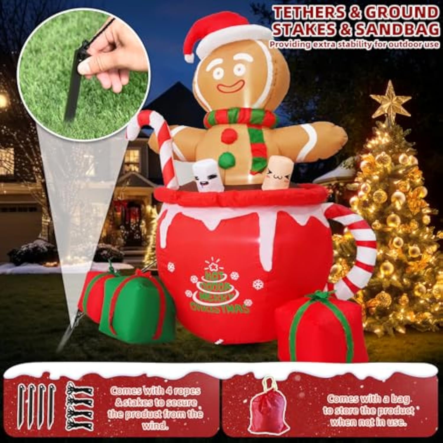 6Ft Gingerbread Christmas Inflatable Outdoor Decoration, Christmas Outdoor Decoration Blow Up Gingerbread Mug Yard Decor
