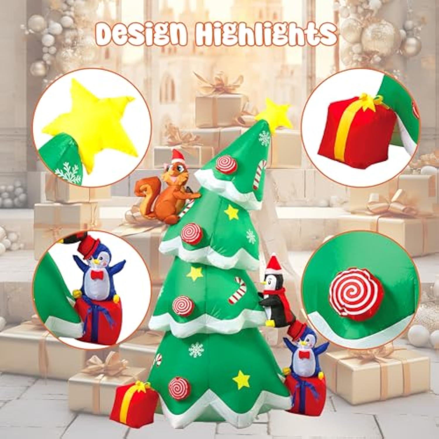 7Ft Inflatable Christmas Tree Outdoor Decorations, Blow Up Christmas Tree With Penguins, Xmas Yard Decor With Built-In L