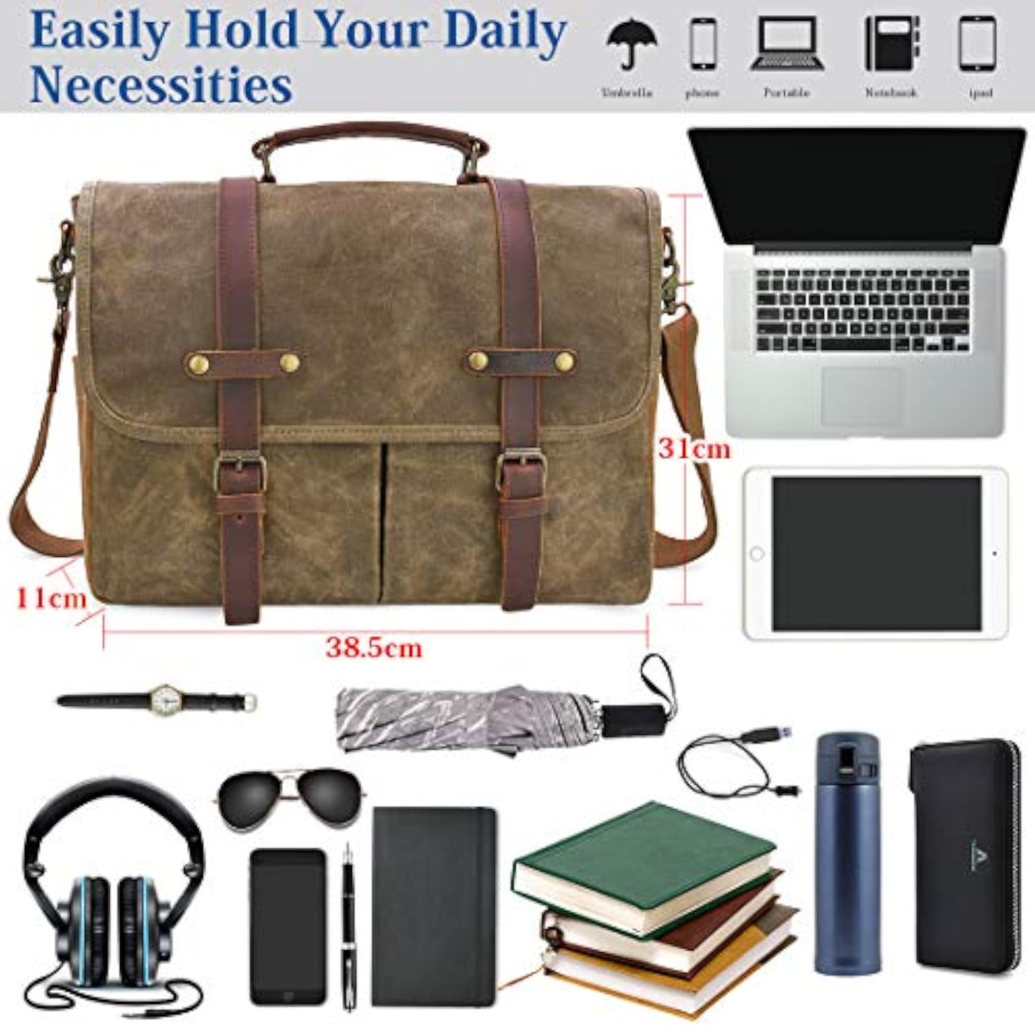 Mens Messenger Bag 15.6 Inch Waterproof Vintage Genuine Leather Waxed Canvas