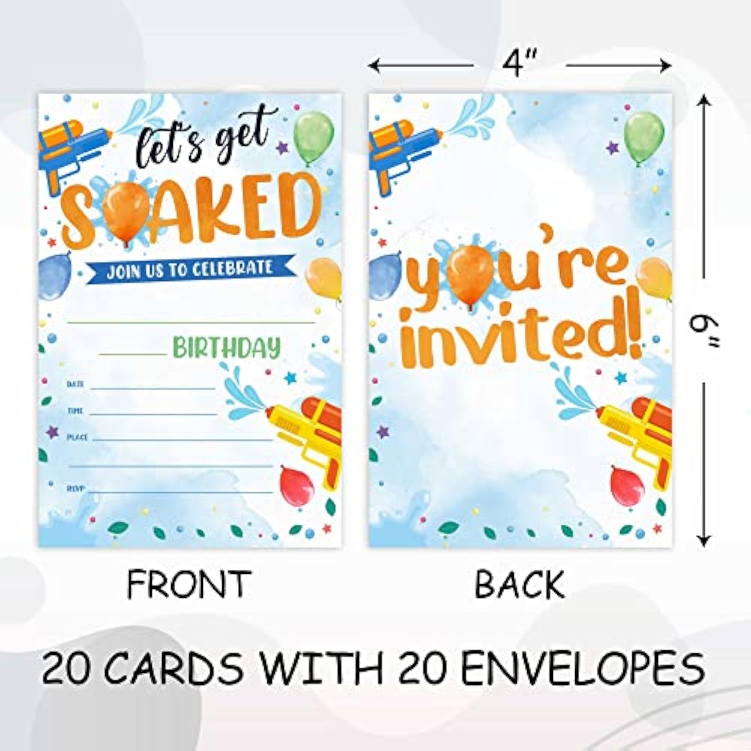 Let'S Get Soaked 20-Pack Water Gun Birthday Invitations (4X6 Inch) Fill-In Birthday Invitations With Envelopes- Summer Party Cards, Summer Pool Party Supplies-A037