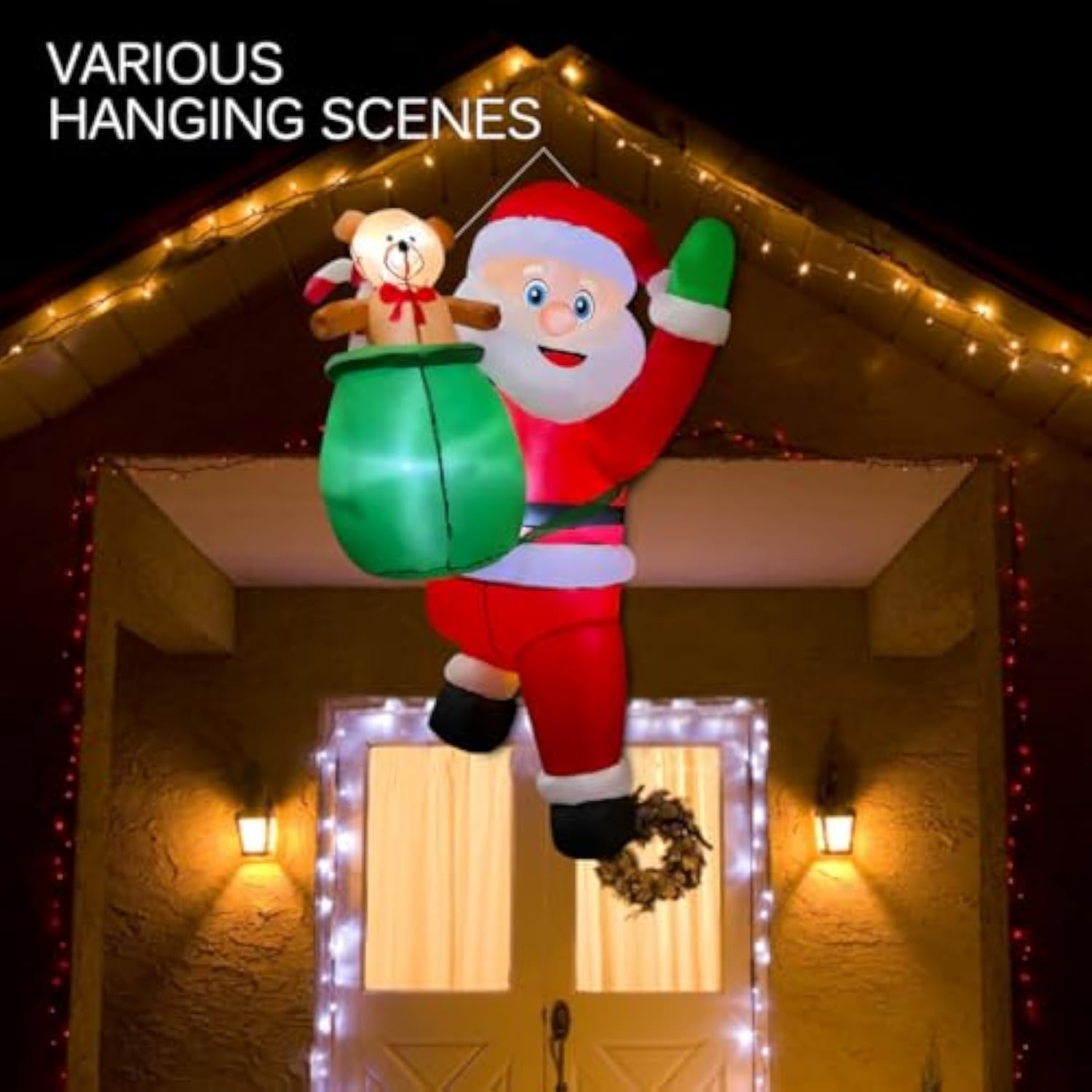 3.4Ft Christmas Inflatable Hanging Santa With Gift Bag Decorations, Blow Up Climbing Santa With Build-In Led For Xmas Pa