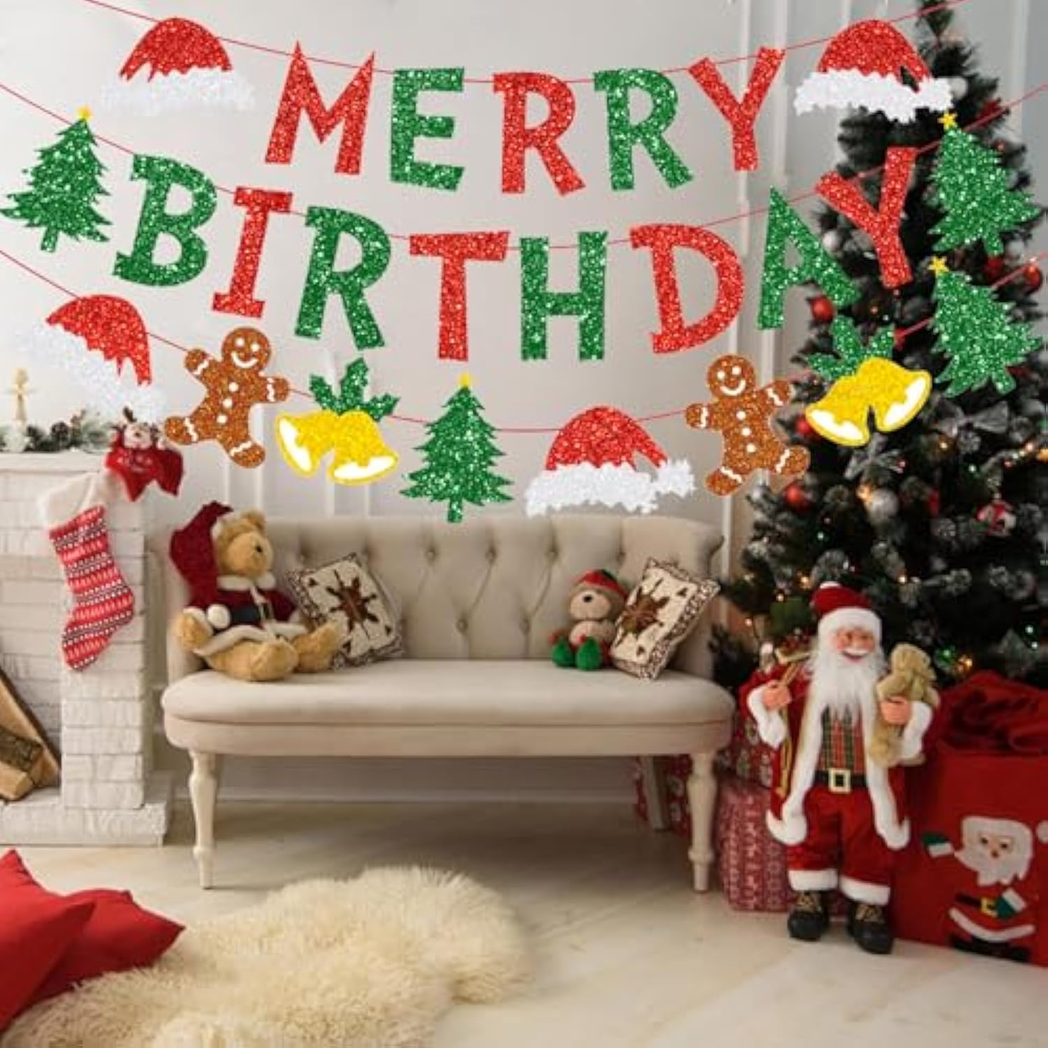 Merry Christmas Birthday Party Decorations Red Green Banner Hanging Paper Tree Gingerbread Man Bells Hat Sign For Xmas Wall Home Garden Outdoor Accessories Supplies