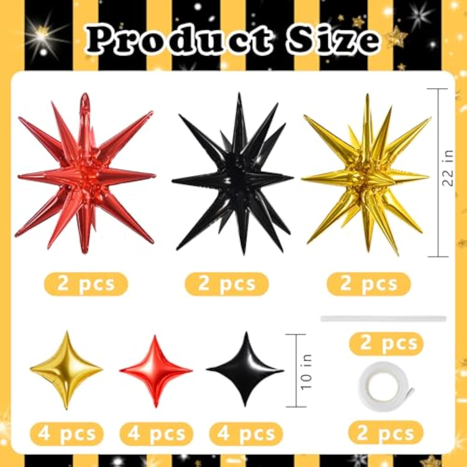 22 Inch Black Gold Red Star Mylar Balloons Set with 10 Inch Stars for Party