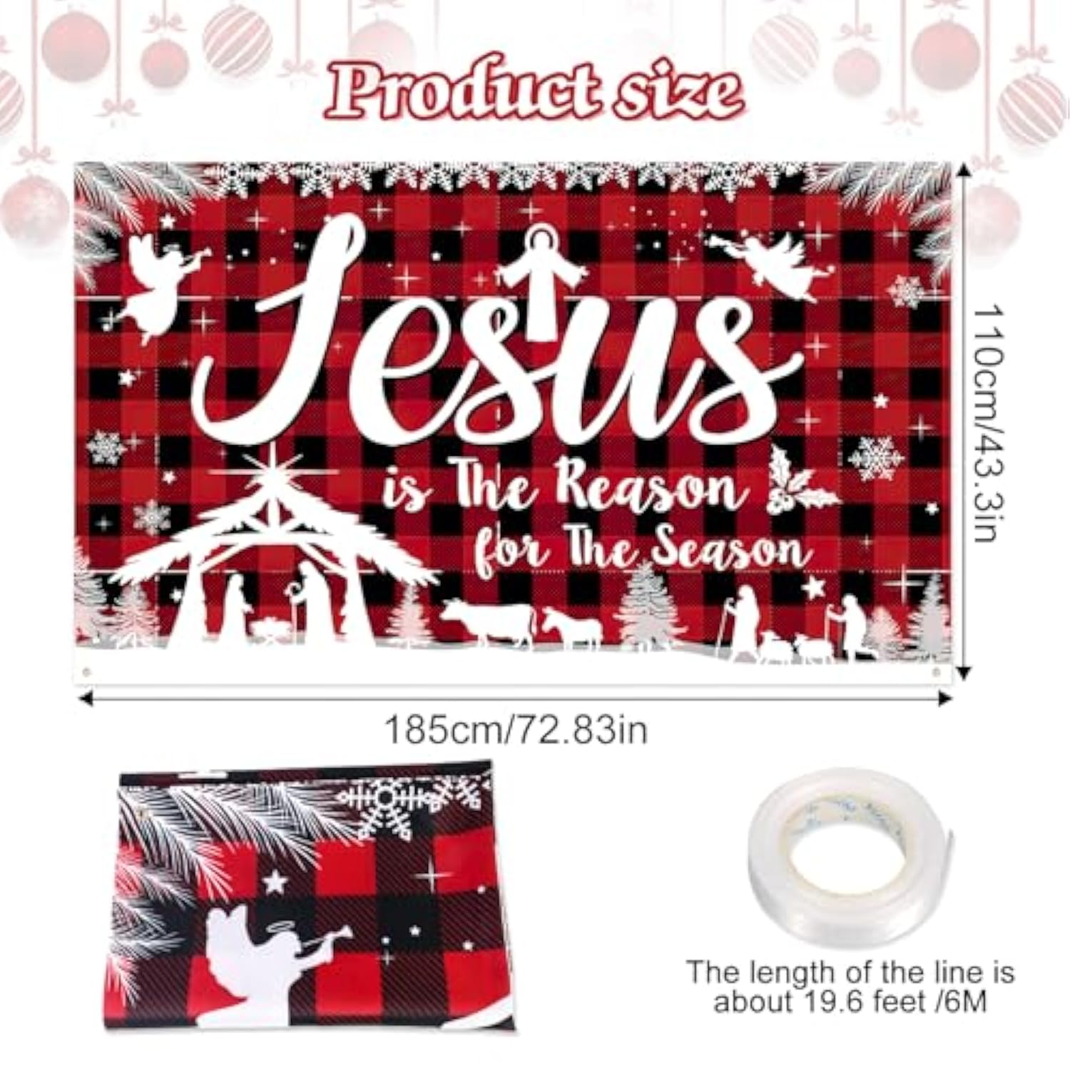 Christmas Jesus Religious Banner Xmas Holy Night Backdrop Jesus Is The Reason For The Season Red Buffalo Plaid Banner For Winter Holiday Xmas Religion Party Outdoor Decors,72.8 * 43.3 Inch