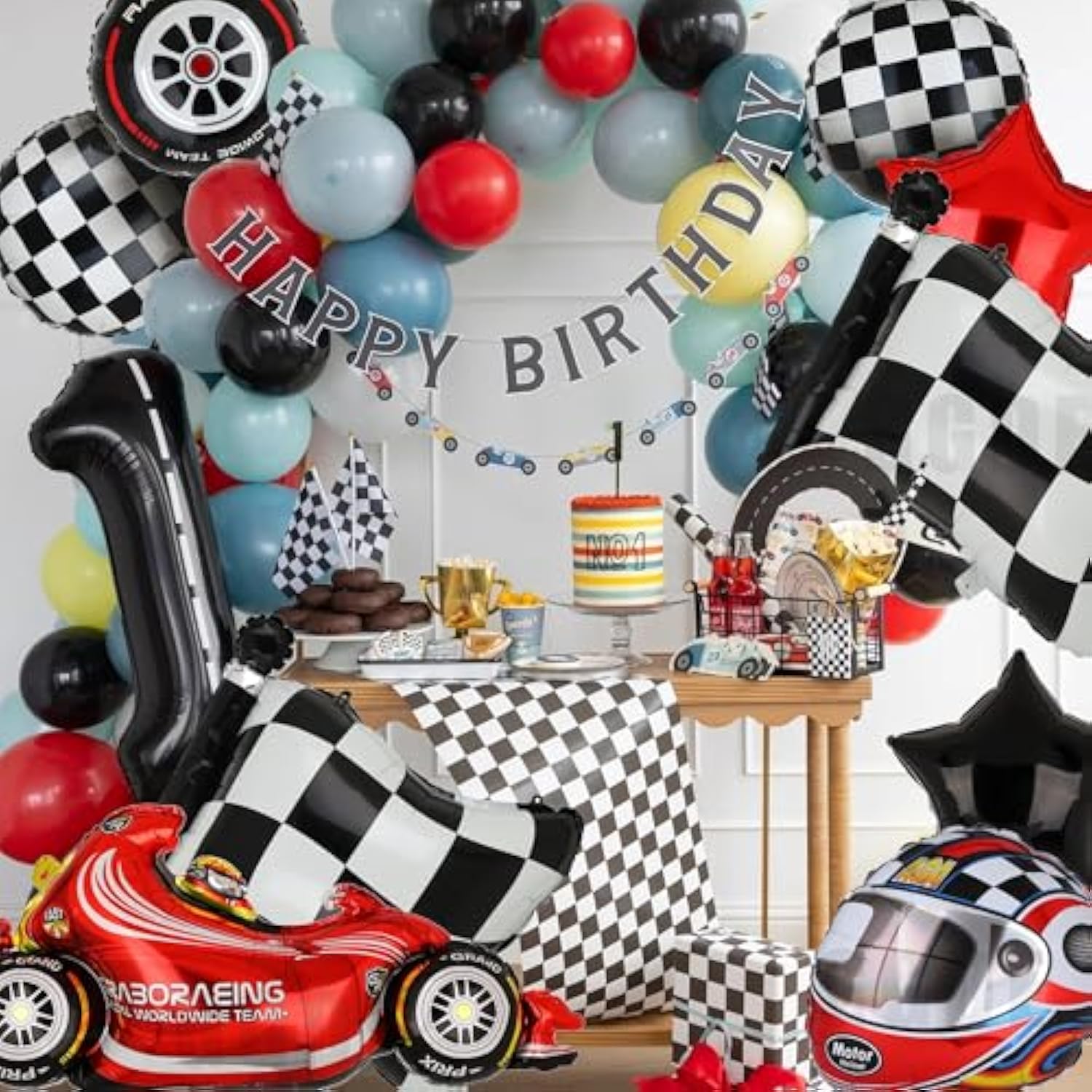 Race Car Balloons Tire Chequered Flag Helmet 10 Pcs Kit Speedy Birthday Party Decor