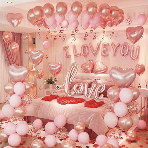 Valentines Day Decorations, I Love You Balloons with Red Silk Rose Petals Flower Romantic Decorations, Rose Gold Pink Heart Balloons Kit for Anniversary Mothers Day Wedding Valentine’s Day Decorations