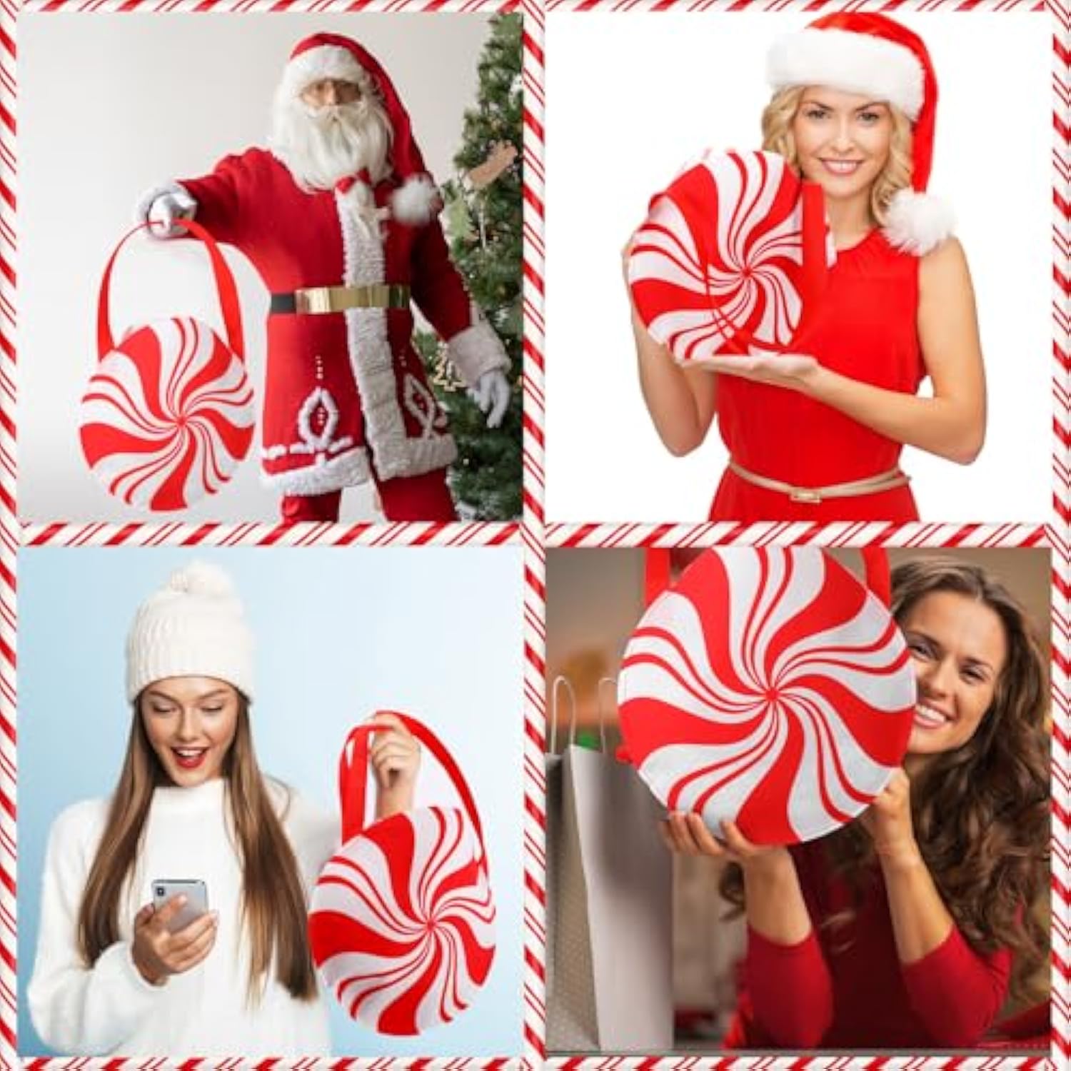 12 Pcs Christmas Gifts Bag Christmas Candy Shaped Bags Reusable Non-Woven Fabric Christmas Tote Bags White Red Gifts Bags With Handle Christmas Candy Treats Cookie Gift Bag For Christmas Party