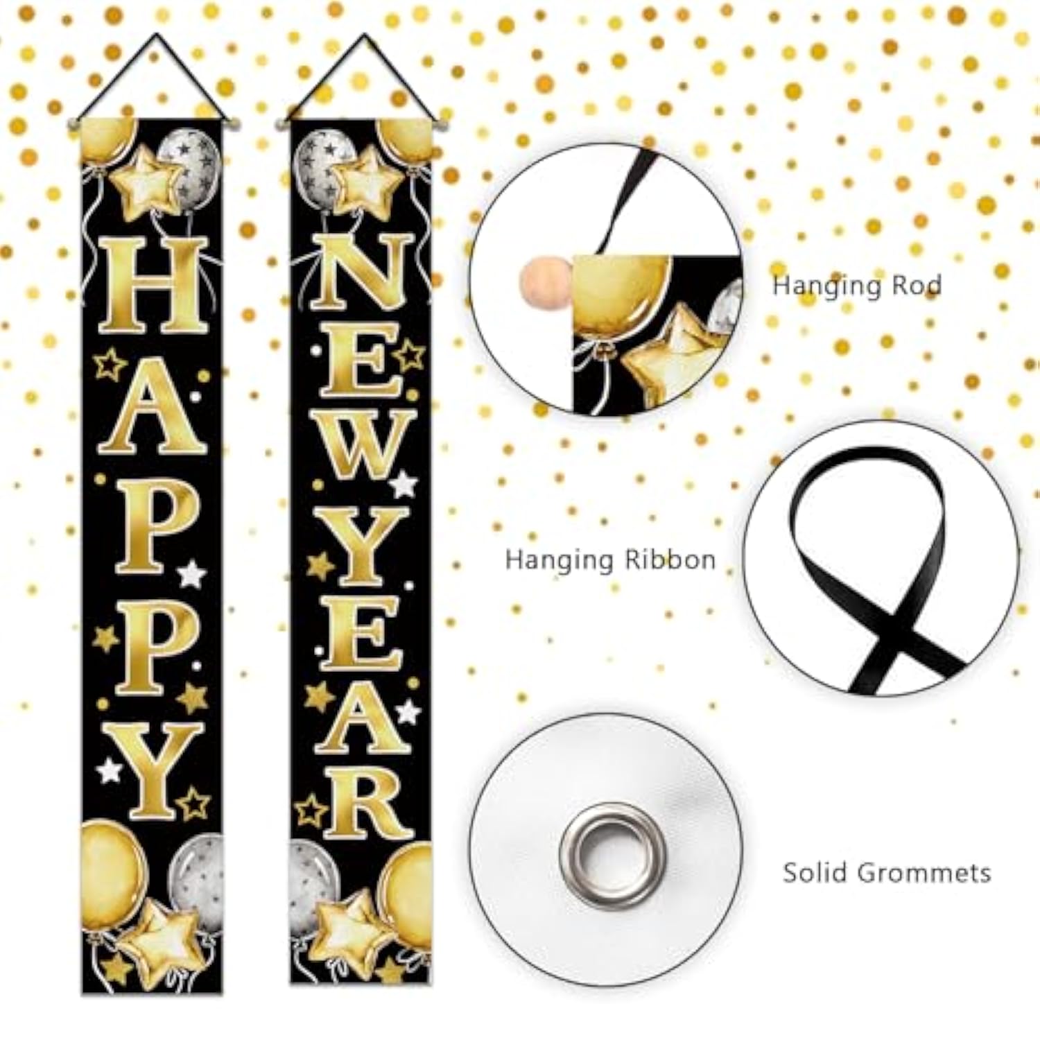 Happy New Year 2026 Porch Banner Black Gold Balloon Stars Front Door Decor
