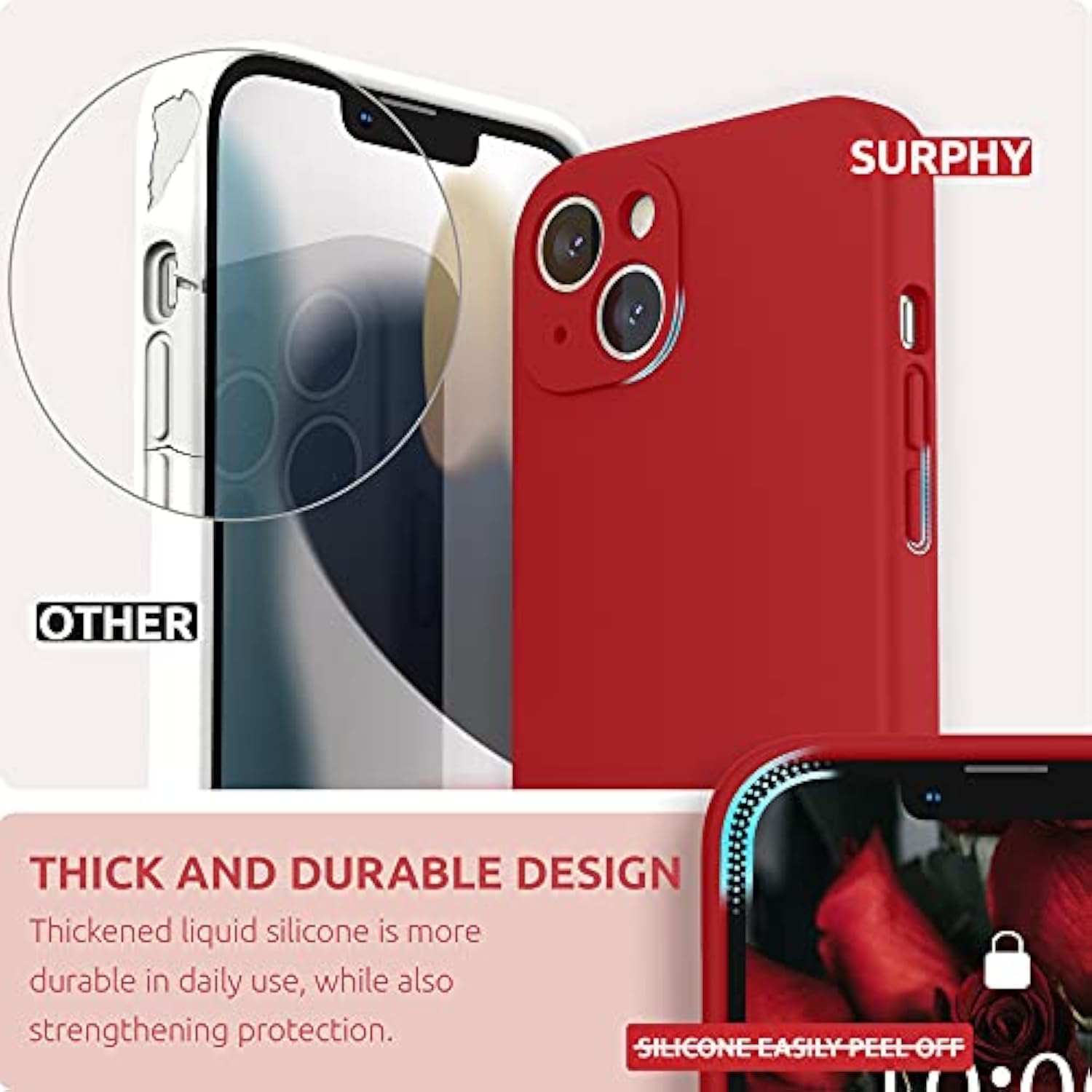 Compatible With 13 Case With Screen Protector, (Camera Protection & Soft Microfiber Lining) Liquid Silicone Phone Case 6.1 Inch 2021, Red