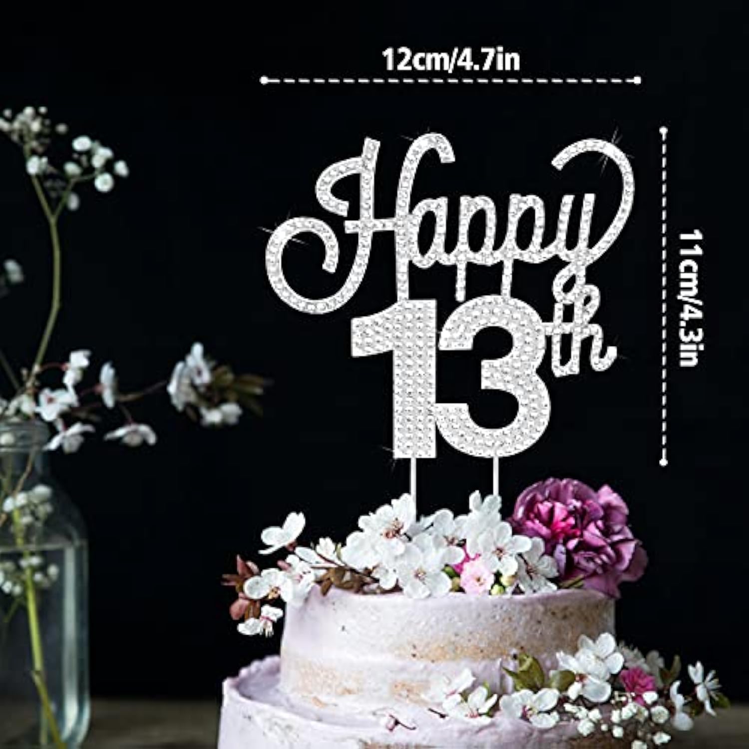 Happy 13Th Birthday Silver Rhinestone Cake Topper - Cheers To 13Th Birthday Thirteen Years Old Party Cake Centerpieces Topper Decorations Gift Sign.