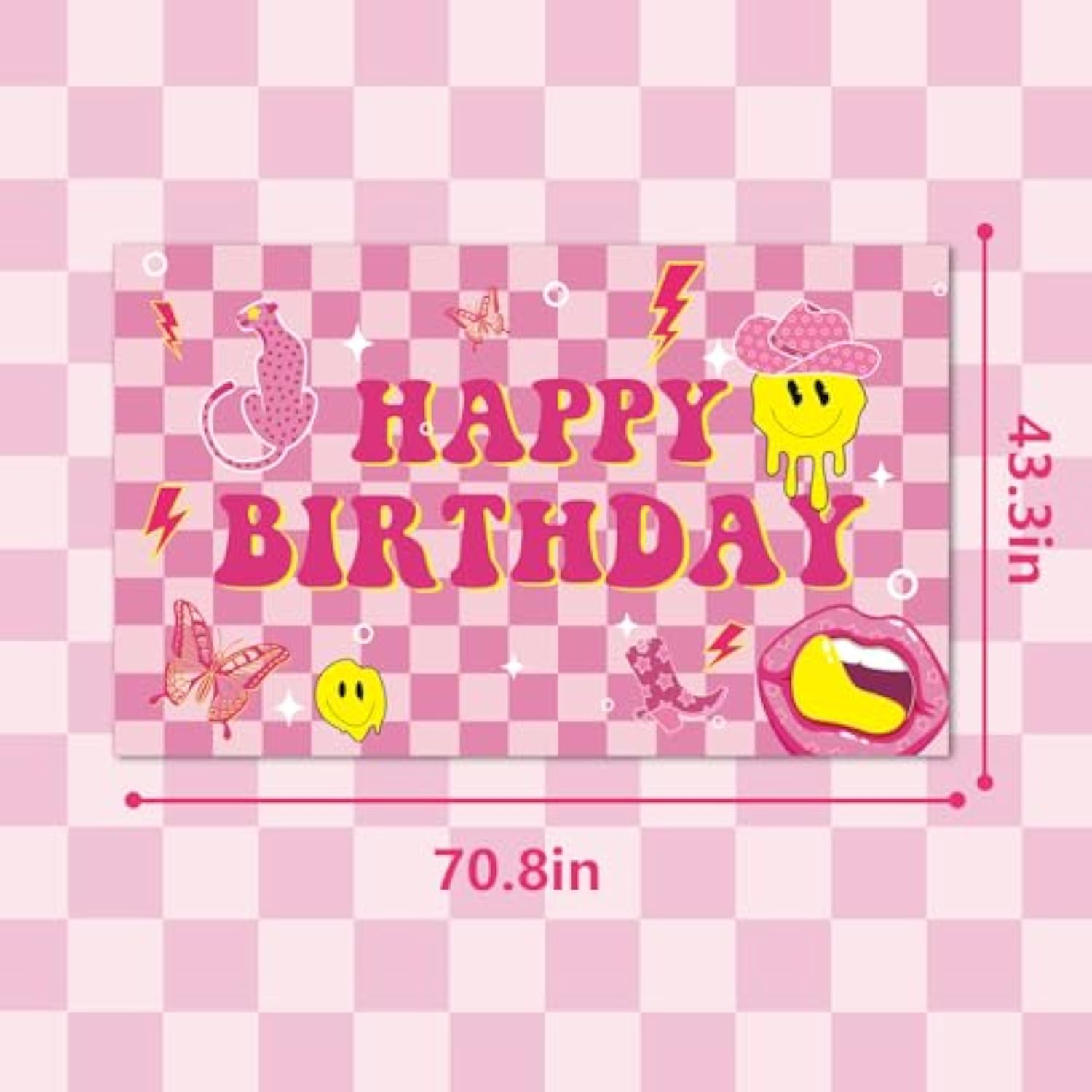 Preppy Birthday Backdrop, Pink Checkered Smiley Face Banner for Baby Shower & Parties