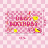 Preppy Birthday Backdrop, Pink Checkered Smiley Face Banner for Baby Shower & Parties