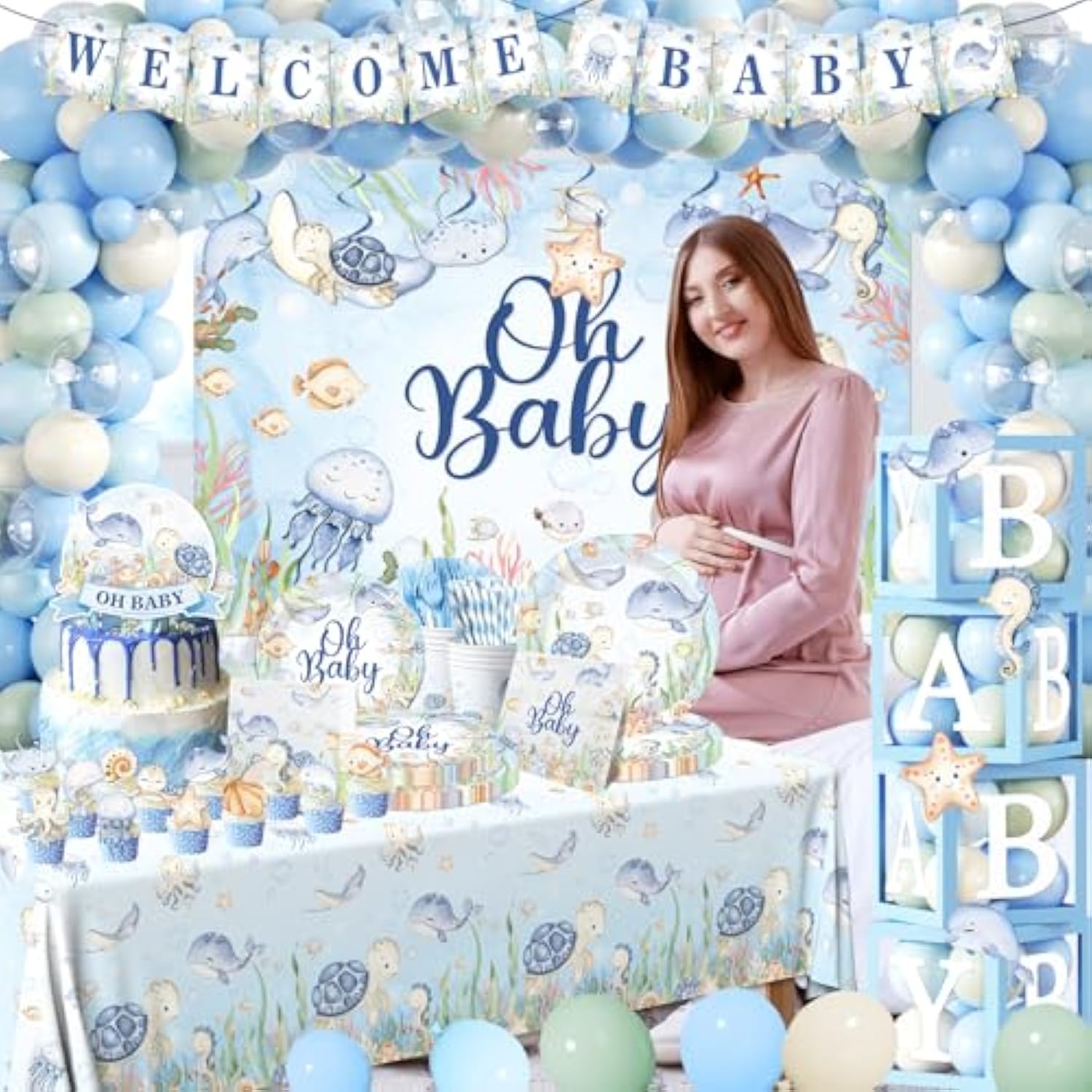 Under The Sea Baby Shower Decorations, All-In-1 Ocean Themed Party Decorations With Balloon Arch Baby Boxes Plates Napkins Cake Toppers Tablecloth Backdrop For Underwater Beach Pool Party, Serve 24