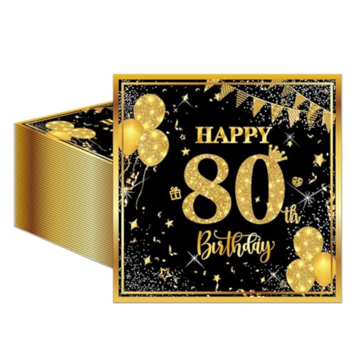50Pcs 80Th Birthday Napkins, 13 X 13 Inches Black And Gold Cocktail Beverage Napkins Disposable Men Women Party Supplies For Birthday Wedding Anniversary Decoration