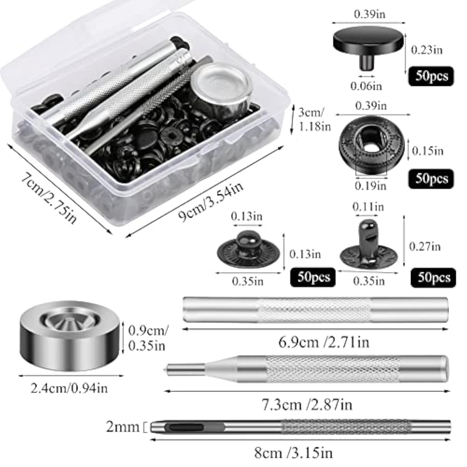 50 Sets Leather Snap Fasteners Kit 10Mm Black Metal Snap Buttons Kit S