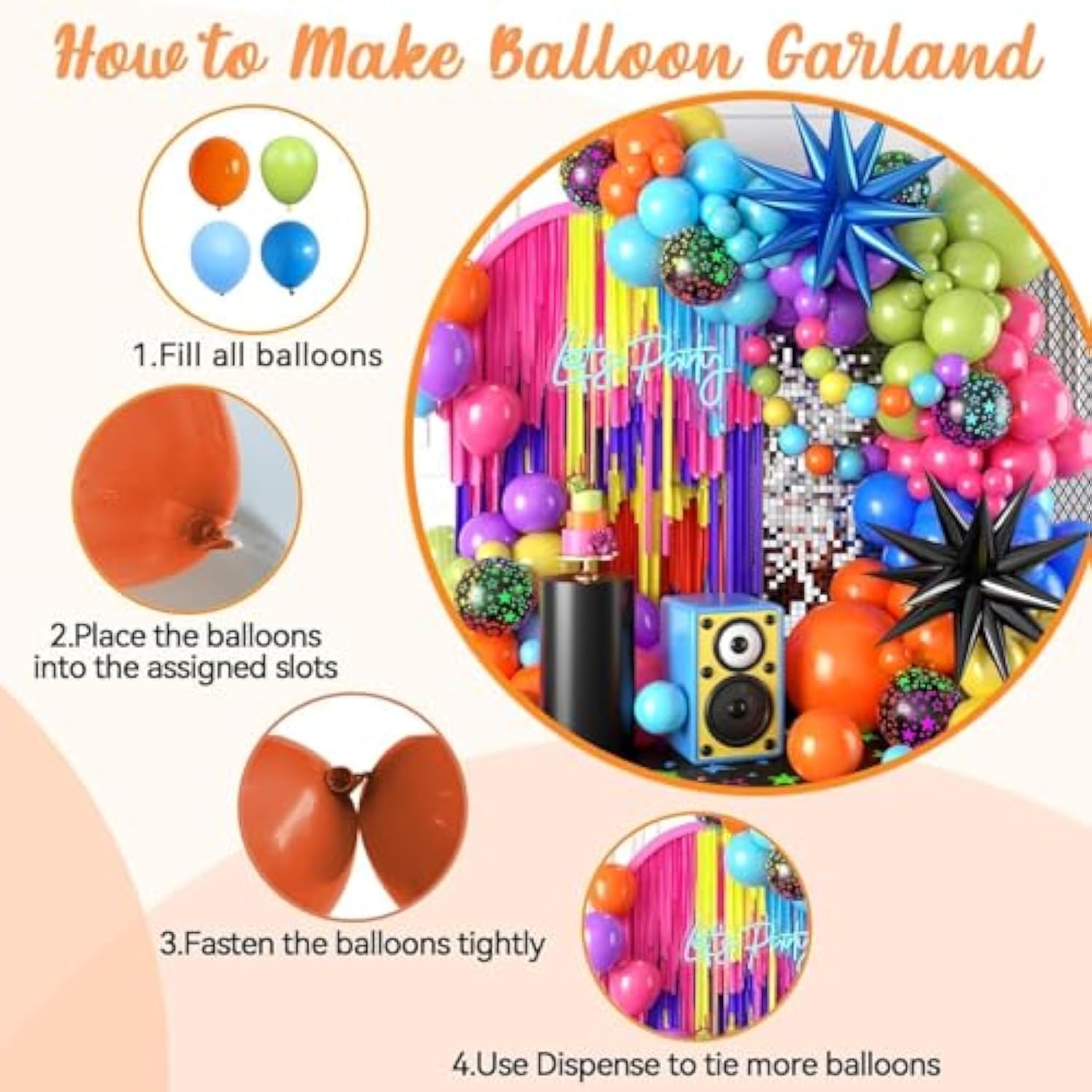 Neon Balloon Arch Kit, 122Pcs Bright Orange Green Blue Hot Pink Yellow Purple Black Rainbow Balloons With Foil Star Balloons For Neon Party Rainbow Birthday Decorations 80S 90S Disco Party Backdrop