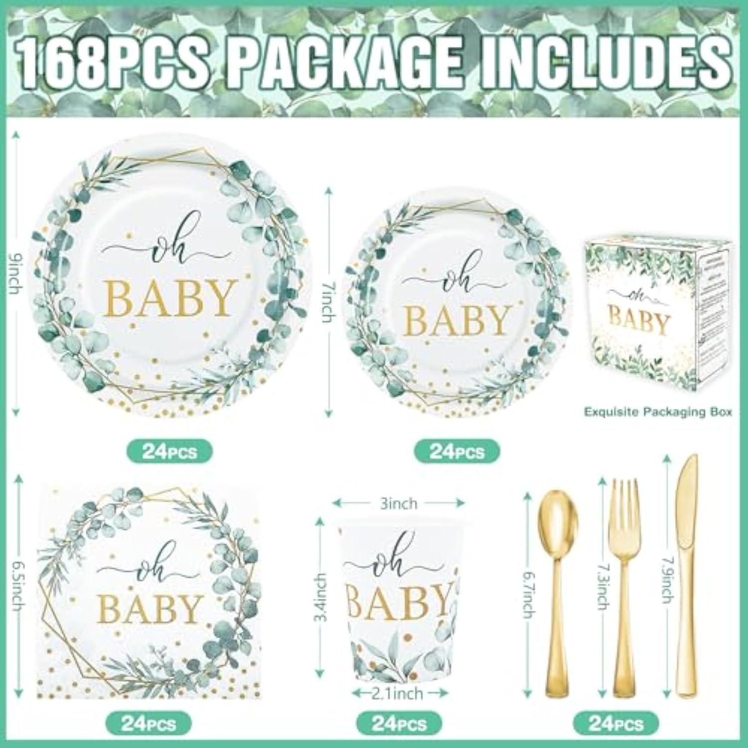 168PCS Sage Green Baby Shower Tableware Set – Plates, Cups, Napkins for 24