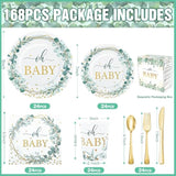 168PCS Sage Green Baby Shower Tableware Set – Plates, Cups, Napkins for 24