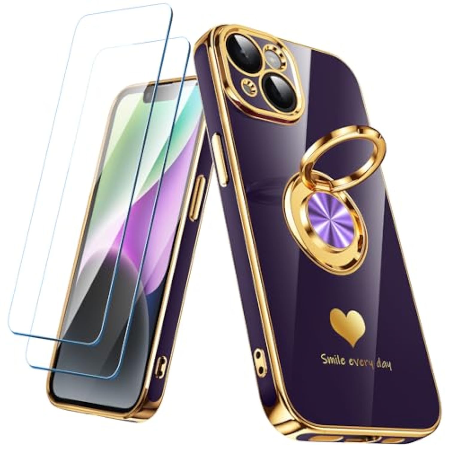 iPhone 14 Case with 2 Screen Protectors 360° Ring Holder Purple