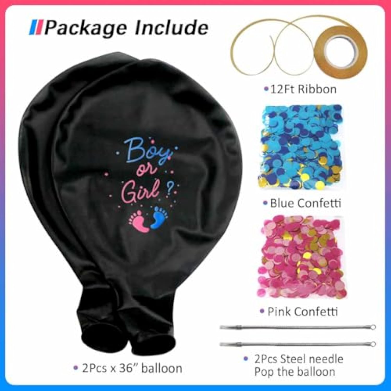 Gender Reveal Balloon Pop Ideas, 2Pcs 36" Jumbo Black Baby Boy Or Girl Balloons, With Blue Pink Confetti For Revelacion De Sexo De Bebe