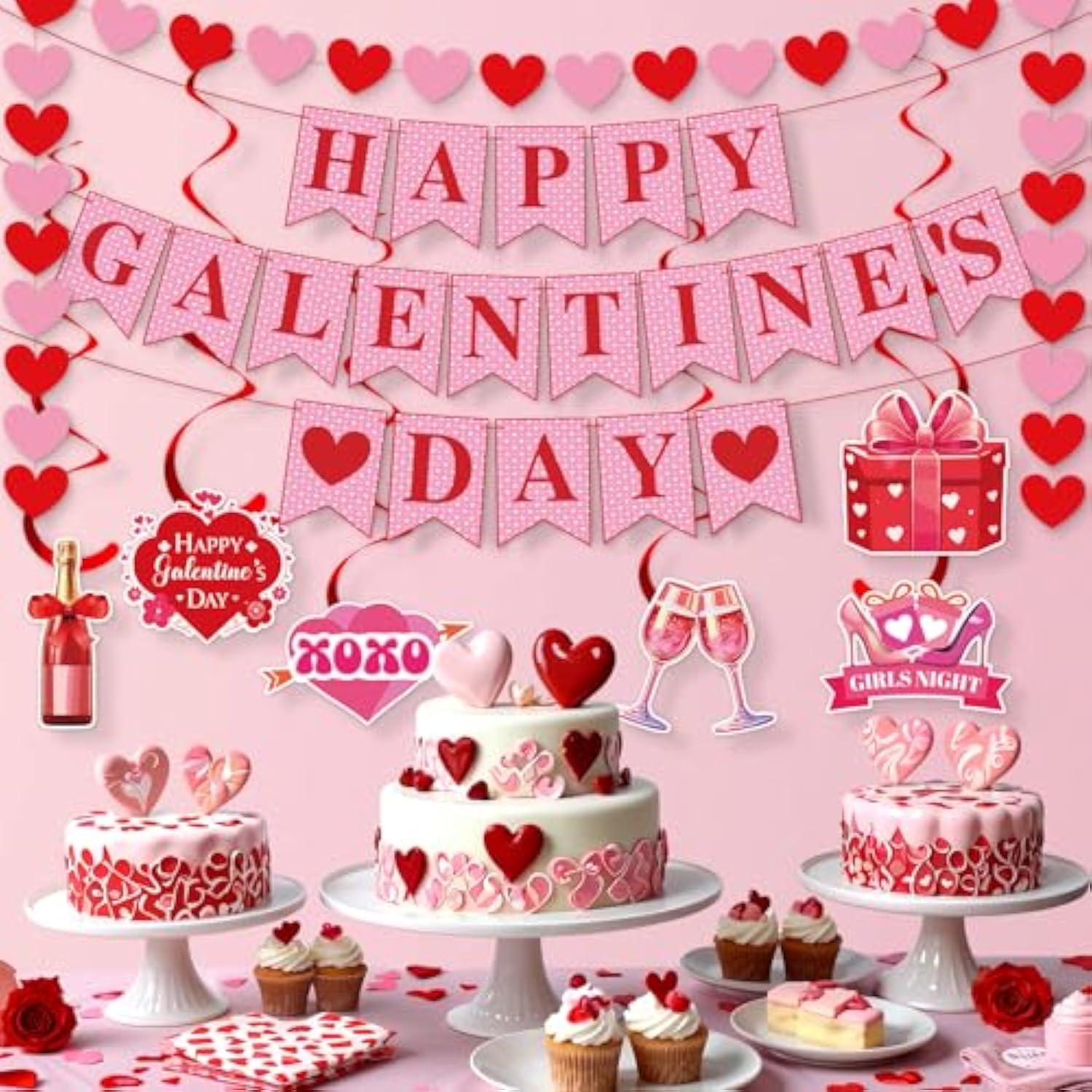 Happy Galentine'S Day Banner Galentine’S Day Decorations Happy Valentines Day Decorations For Ladies Girls Galentines Day Hanging Swirls With Heart Garland Valentines Day Wall Decorations