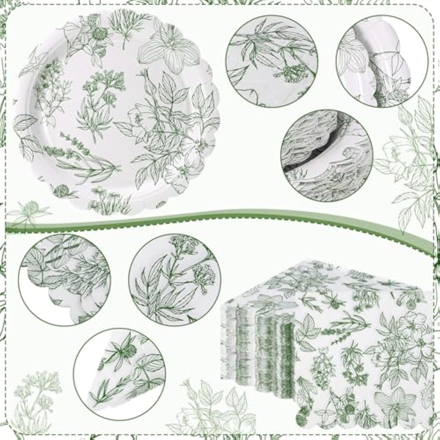 400 Pcs Sage Green Disposable Tableware Set Greenery Floral Paper Plates Napkins Sage Serve Scalloped Plates Paper Napkins Cups Plastic Spoons Forks Knives For Wedding Tea Party Baby Shower