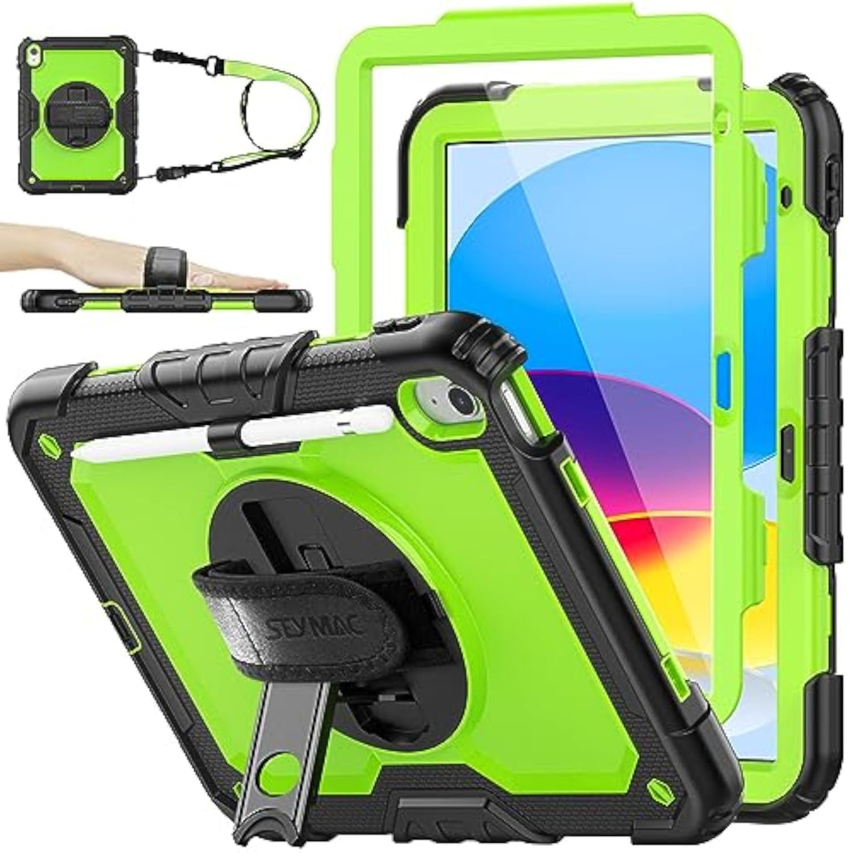 11th/10th Generation iPad (A16) 11''/10.9'' Full-Body Drop Protection Case with Screen Protector & 360° Rotate Hand Strap/Stand, Green and Black