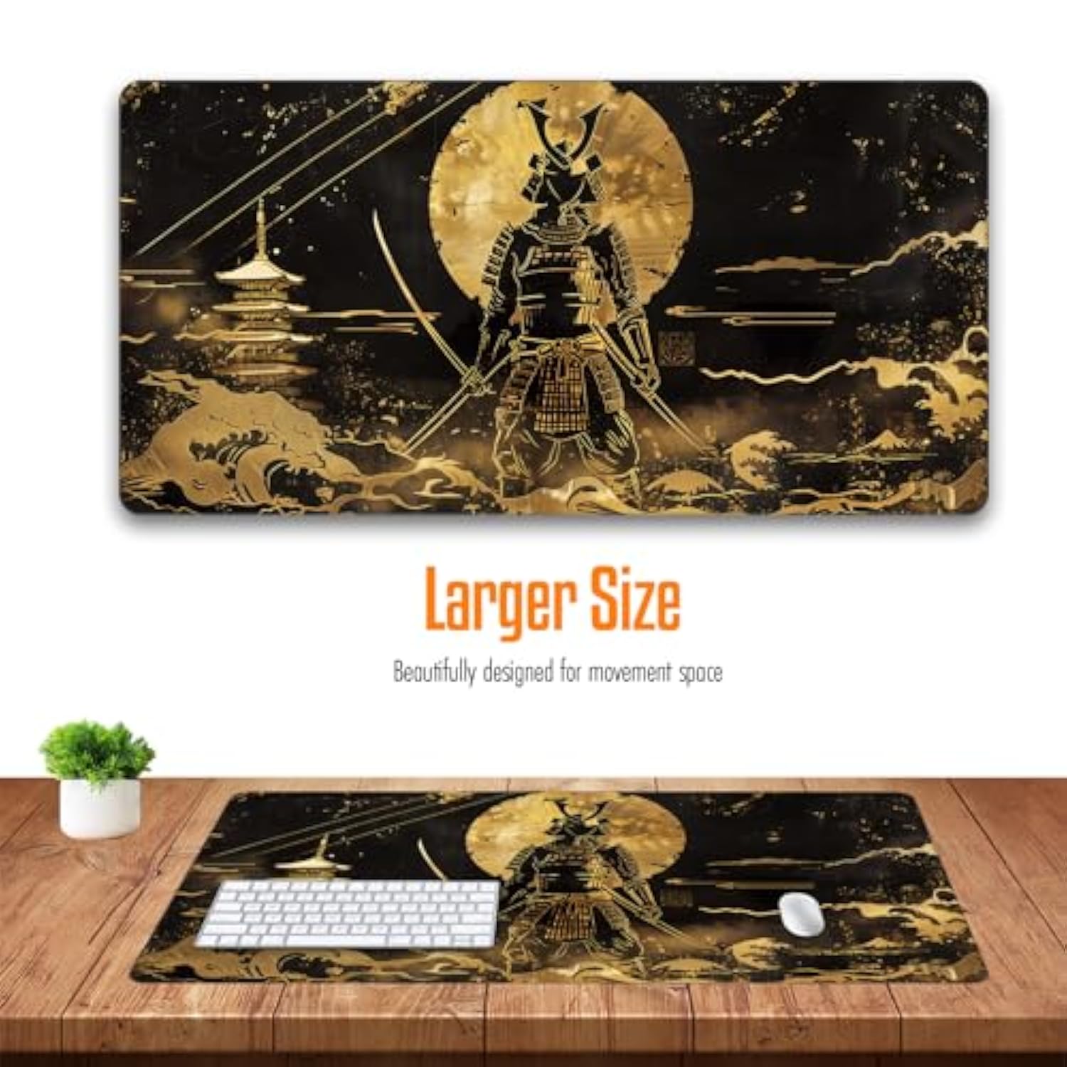 Large Japanese Black And Gold Gaming Mouse Pad, Sea Waves, Premium Non-Slip Anime Desk Pad For Office, Extended Xl Xxl Mouse Mat And Laptop Pad, Waterproof And Stiched Edges 31.5 X 15.7 In (Gs1)