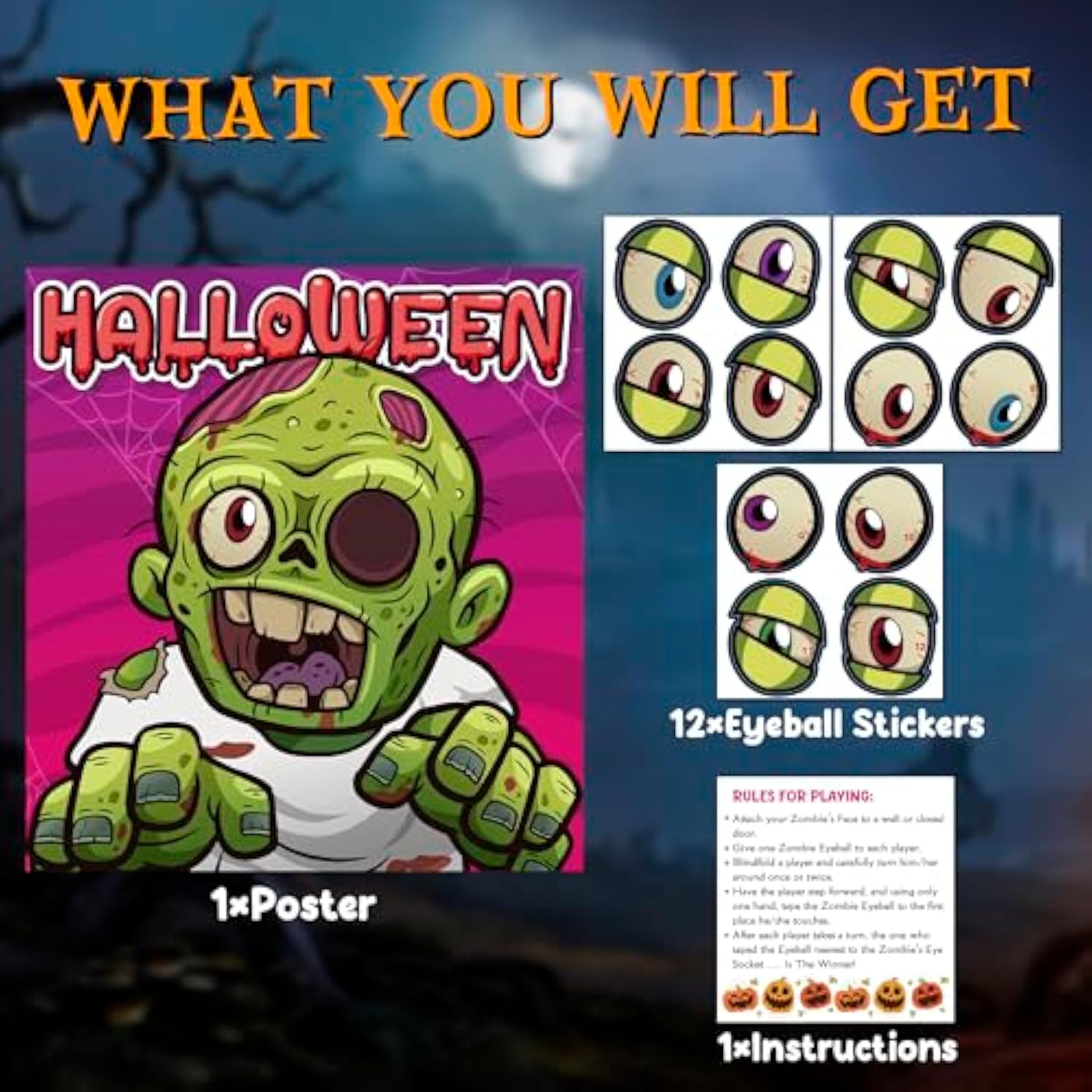 Halloween Games For Kids - Pin The Eyeball On The Zombie Game | Halloween Crafts Toys Gifts Birthday Party Supplies For Kids | Halloween Treats Activities Party Favors Decorations For Family