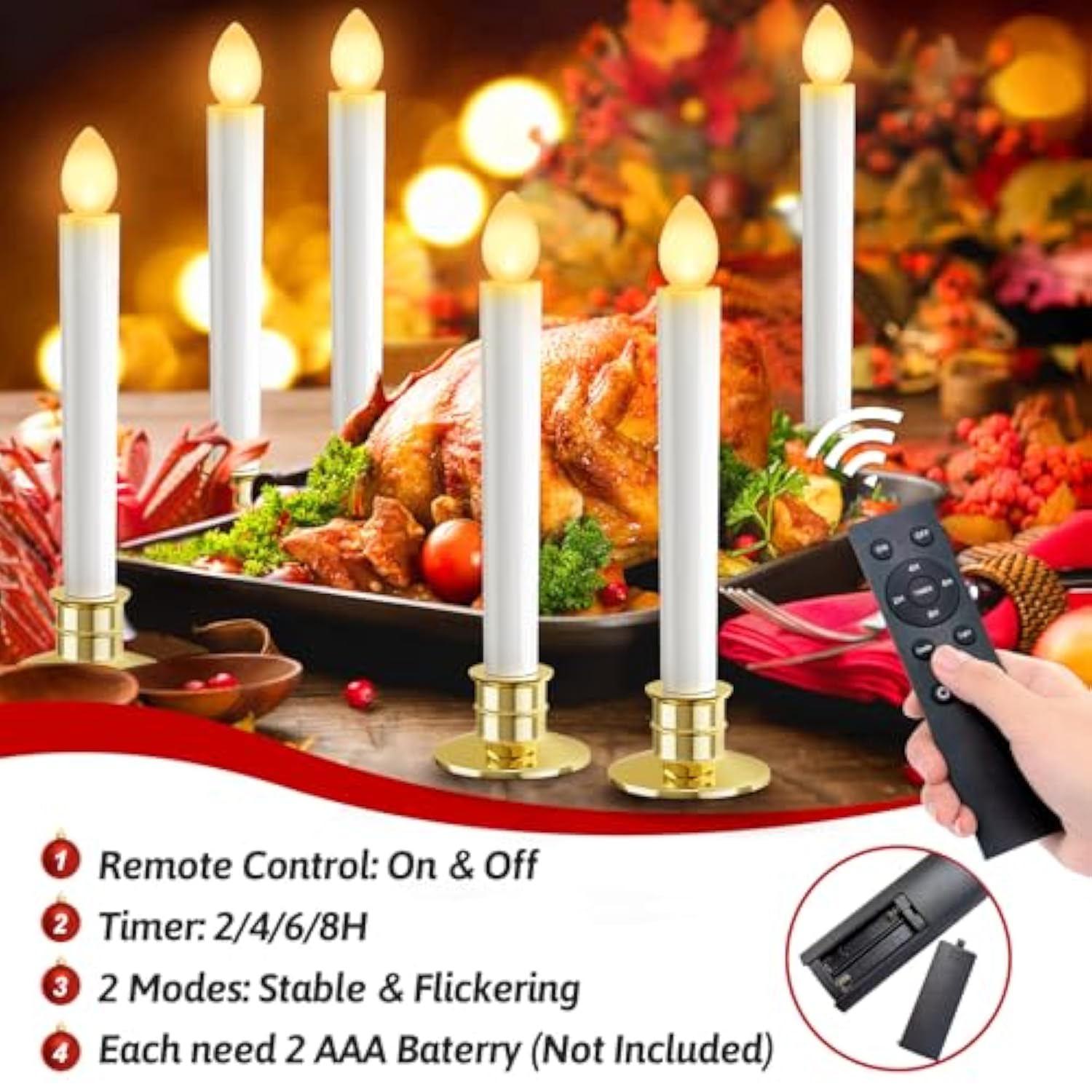 Christmas Window Candles Lights: 10 Pack Flameless Candles Battery Operated Candles With Remote Control Timer Christmas Decorations Taper Led Candle Gold Holders For Window Decor Party Table Top